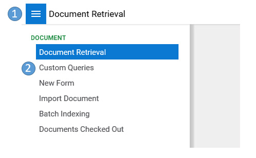 Menu showing the option of Document Retrieval highlighted